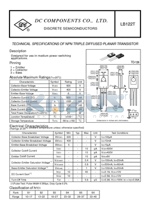 LB122T datasheet - TECHNICAL SPECIFICATIONS OF NPN TRIPLE DIFFUSED PLANAR TRANSISTOR