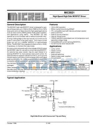 MIC5021BN datasheet - High-Speed High-Side MOSFET Driver