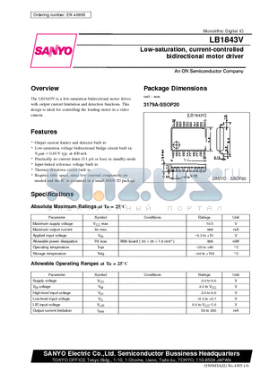 LB1843V datasheet - Low-saturation, current-controlled bidirectional motor driver