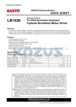 LB1928 datasheet - For Office Automation Equipment 3-phase Brushless Motor Driver