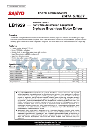 LB1929 datasheet - For Office Automation Equipment 3-phase Brushless Motor Driver