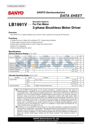 LB1991V_09 datasheet - For Fan Motor 3-phase Brushless Motor Driver