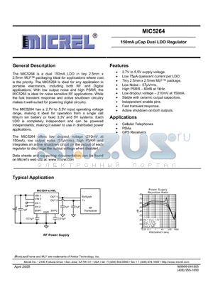 MIC5264-2.85 datasheet - 150mA UCap Dual LDO Regulator