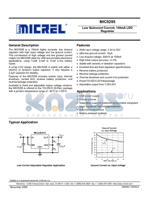 MIC5295YD datasheet - Low Quiescent Current, 150mA LDO Regulator