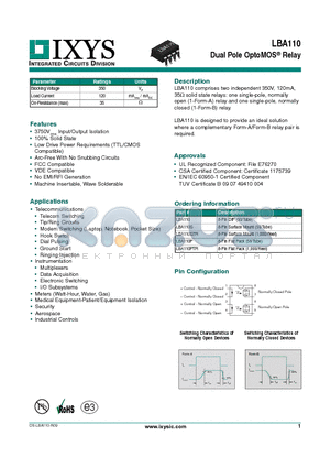 LBA110S datasheet - Dual Pole OptoMOS Relay