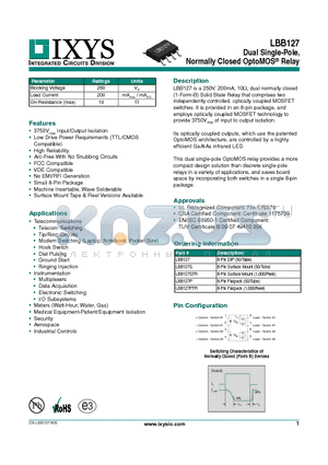 LBB127STR datasheet - Dual Single-Pole, Normally Closed OptoMOS Relay