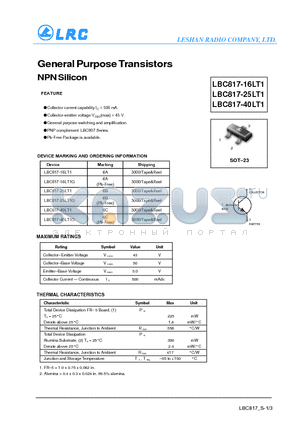 LBC817-40LT1G datasheet - General Purpose Transistors NPN Silicon