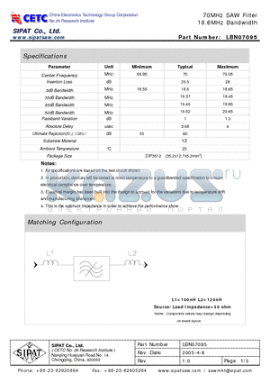 LBN07095 datasheet - 70MHz SAW Filter 18.6MHz Bandwidth