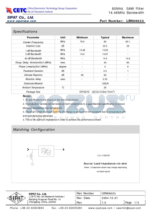 LBN08023 datasheet - 80MHz SAW Filter 14.48MHz Bandwidth