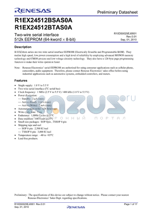 R1EX24512BSAS0A datasheet - Two-wire serial interface 512k EEPROM (64-kword  8-bit)