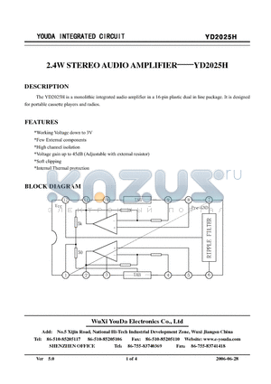 YD2025H datasheet - 2.4W STEREO AUDIO AMPLIFIER