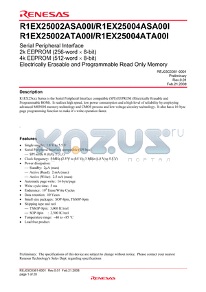 R1EX25004ATA00I datasheet - Serial Peripheral Interface Electrically Erasable and Programmable Read Only Memory