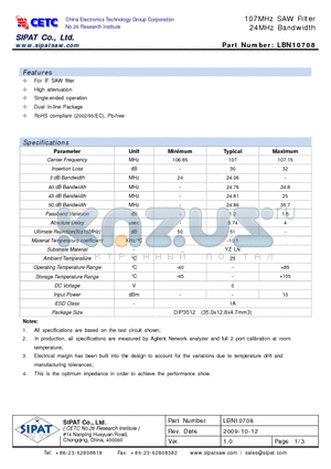 LBN10708 datasheet - 107MHz SAW Filter 24MHz Bandwidth