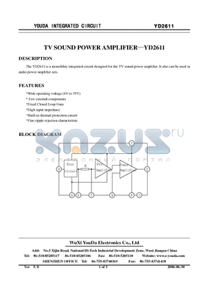 YD2611 datasheet - TV SOUND POWER AMPLIFIER