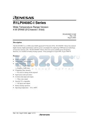 R1LP0408CSB-7LI datasheet - Wide Temperature Range Version 4 M SRAM (512-kword  8-bit)