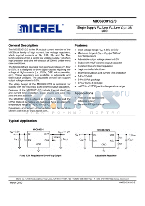 MIC69302WR datasheet - Single Supply VIN, Low VIN, Low VOUT, 3A LDO