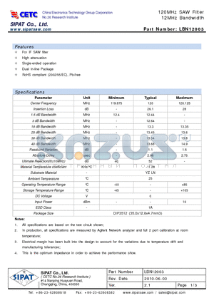 LBN12003_10 datasheet - 120MHz SAW Filter 12MHz Bandwidth