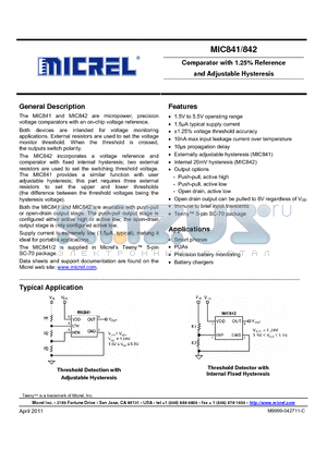 MIC842HBC5 datasheet - Comparator with 1.25% Reference and Adjustable Hysteresis