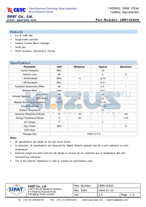 LBN140A05 datasheet - 140MHz SAW Filter 14MHz Bandwidth