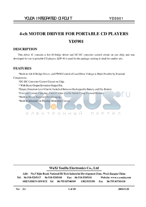 YD5901 datasheet - 4-ch MOTOR DRIVER FOR PORTABLE CD PLAYERS