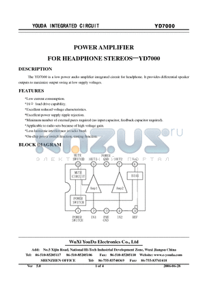 YD7000 datasheet - POWER AMPLIFIER FOR HEADPHONE STEREOS