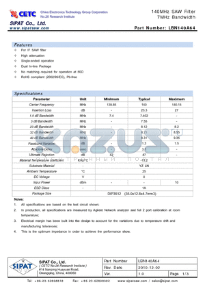 LBN140A64 datasheet - 140MHz SAW Filter 7MHz Bandwidth