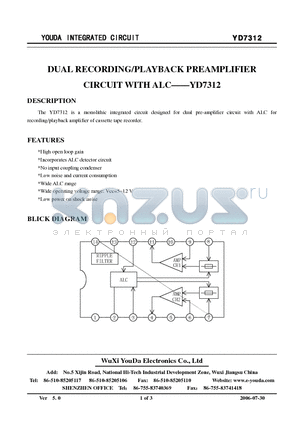 YD7312 datasheet - DUAL RECORDING/PLAYBACK PREAMPLIFIER CIRCUIT WITH ALC