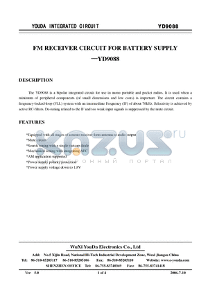 YD9088 datasheet - FM RECEIVER CIRCUIT FOR BATTERY SUPPLY