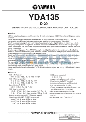 YDA135 datasheet - STEREO 5W-20W DIGITAL AUDIO POWER AMPLIFIER CONTROLLER