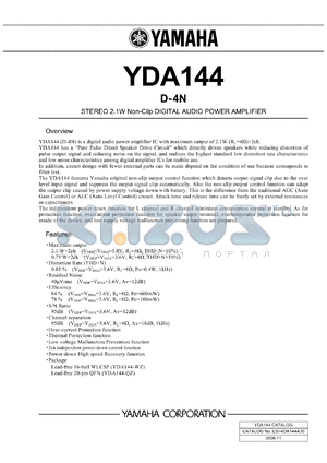 YDA144 datasheet - STEREO 2.1W Non-Clip DIGITAL AUDIO POWER AMPLIFIER