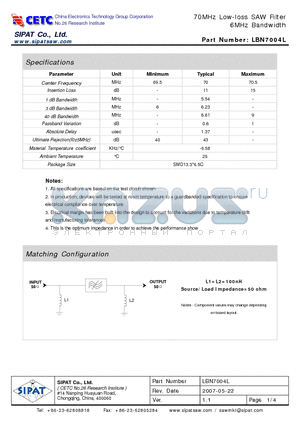 LBN7004L datasheet - 70MHz Low-loss SAW Filter 6MHz Bandwidth