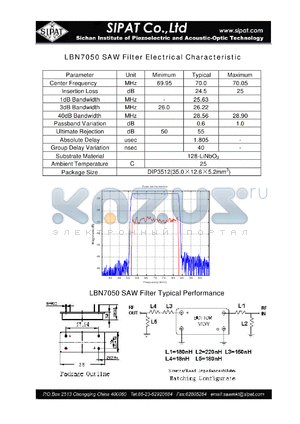 LBN7050 datasheet - SAW Filter Electrical Characteristic