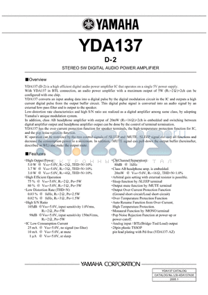 YDA137 datasheet - D- 2 STEREO 5W DIGITAL AUDIO POWER AMPLIFIER