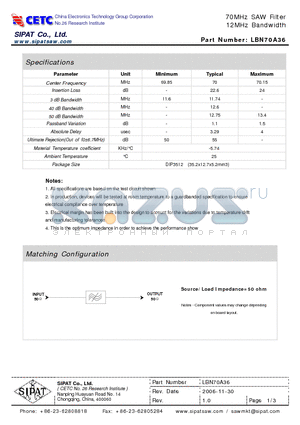 LBN70A36 datasheet - 70MHz SAW Filter 12MHz Bandwidth