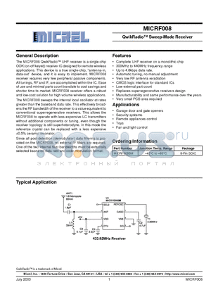 MICRF008BM datasheet - QwikRadio Sweep-Mode Receiver