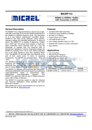 MICRF113_11 datasheet - 300MHz to 450MHz 10dBm ASK Transmitter in SOT23