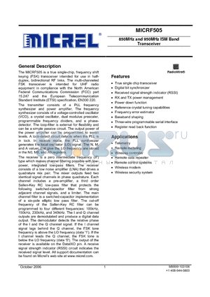 MICRF505YML datasheet - 850MHz and 950MHz ISM Band Transceiver