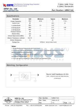 LBS07105 datasheet - 71MHz SAW Filter 0.2MHz Bandwidth