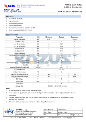 LBS07107 datasheet - 71MHz SAW Filter 0.2MHz Bandwidth