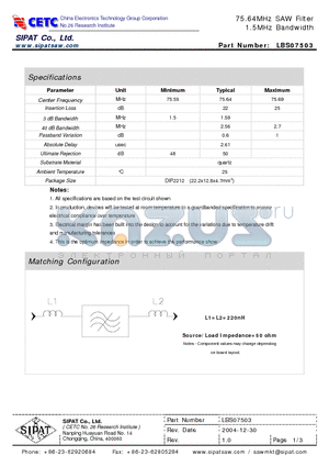 LBS07503 datasheet - 75.64MHz SAW Filter 1.5MHz Bandwidth