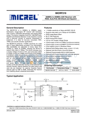 MICRF219 datasheet - 300MHz to 450MHz ASK Receiver with RSSI, Auto-Poll, Bit-Check and Squelch