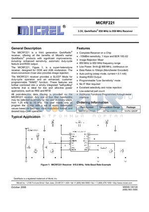 MICRF221 datasheet - 3.3V, QwikRadio 850 MHz to 950 MHz Receiver