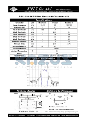 LBS12010 datasheet - SAW Filter Electrical Characteristic