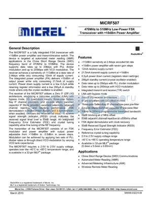 MICRF507 datasheet - 470MHz to 510MHz Low-Power FSK Transceiver with 10dBm Power Amplifier