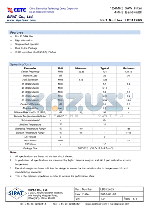 LBS12405 datasheet - 124MHz SAW Filter 4MHz Bandwidth