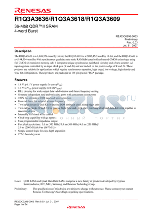 R1Q3A3618ABG-33R datasheet - 36-Mbit QDR™II SRAM 4-word Burst