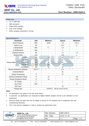 LBS140A13_10 datasheet - 140MHz SAW Filter 7MHz Bandwidth