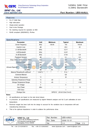 LBS140A23 datasheet - 140MHz SAW Filter 0.2MHz Bandwidth