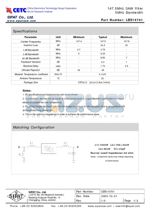LBS14701 datasheet - 147.5MHz SAW Filter 5MHz Bandwidth