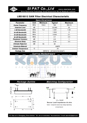 LBS16012 datasheet - SAW Filter Electrical Characteristic